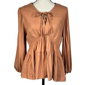 American Eagle Medium Top Long Balloon Sleeves Tie Lace-Up V-Neck Elastic Waist